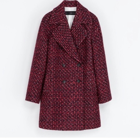 Zara Basic Tweed Boucle Boyfriend Plaid Pea Coat - Picture 2 of 16